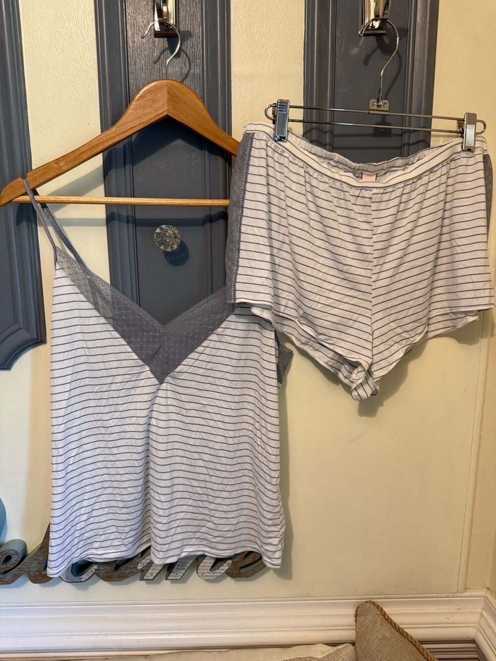 Victoria's Secret White and Grey Striped Lace Trim Cami and Shorts PJ Set